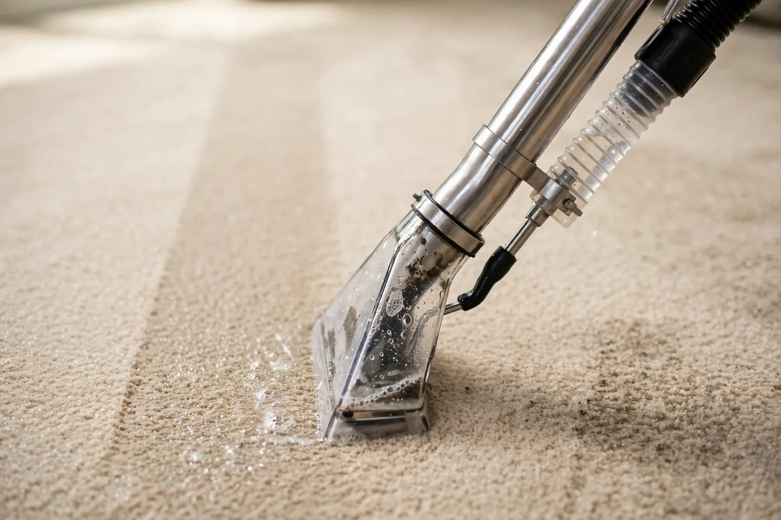 Carpet cleaning extraction wand working across a carpet in close-up